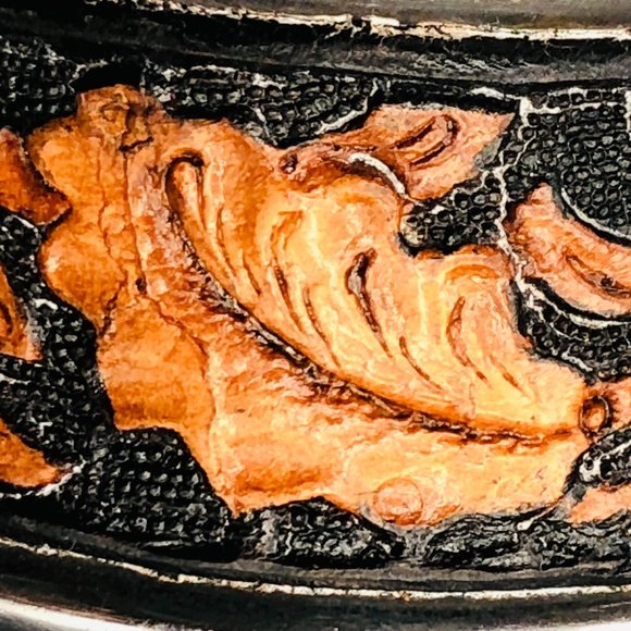 Vtg Peyote Bird Designer Tooled Leather Cuff Bracelet, Sterling Silver, 40.4 Gm - Picture 8 of 15